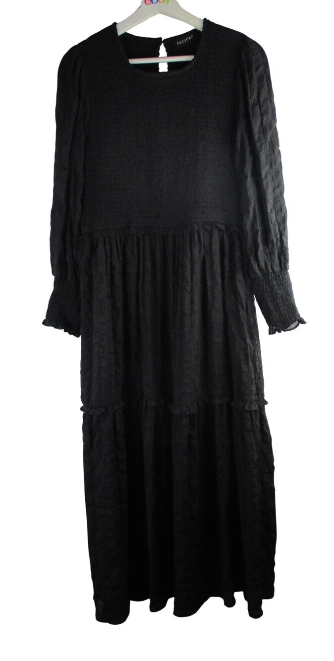 Decjuba Black Smocked Tiered Midi Dress